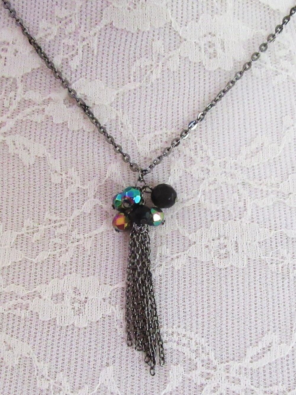 Tassel pendant silver tone chains with black & iridescent colored beading NEW!